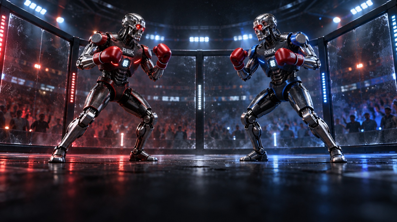 Two humanoid robots squaring up in a cage