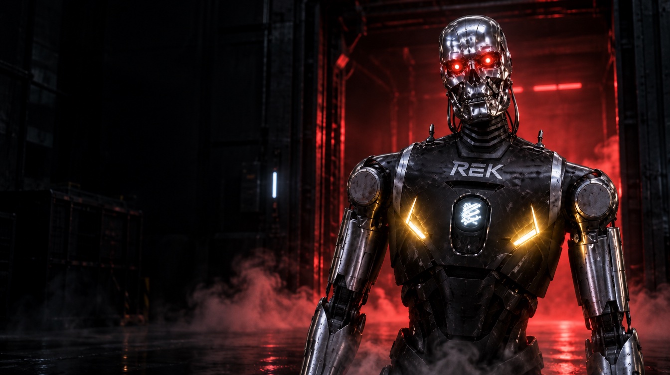 A chrome robot stepping out of a red-lit doorway