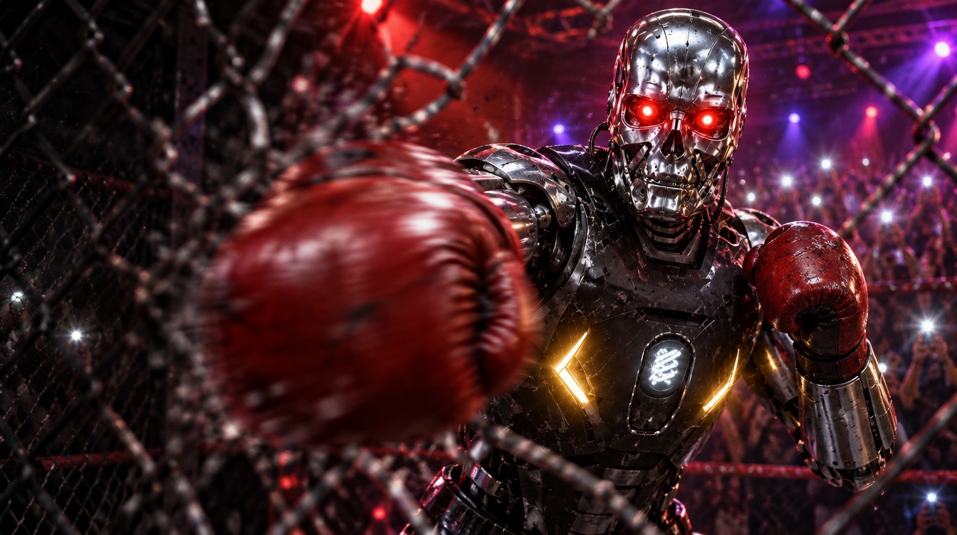 A robot punching through a cage fence in front of a crowd