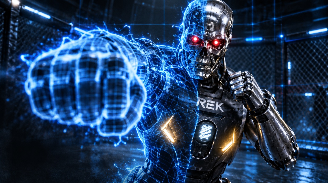 A robot throwing a punch rendered as a blue wireframe hologram