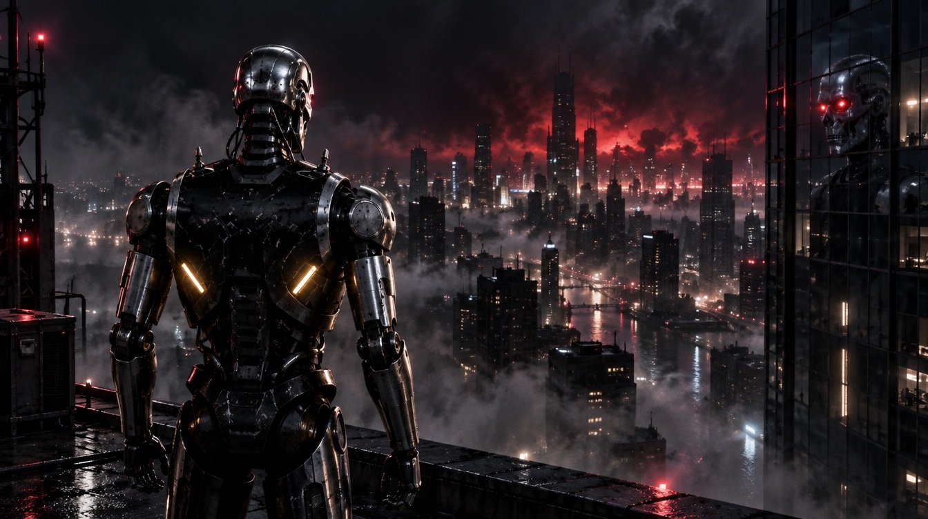 A robot on a rooftop looking out over a burning red skyline