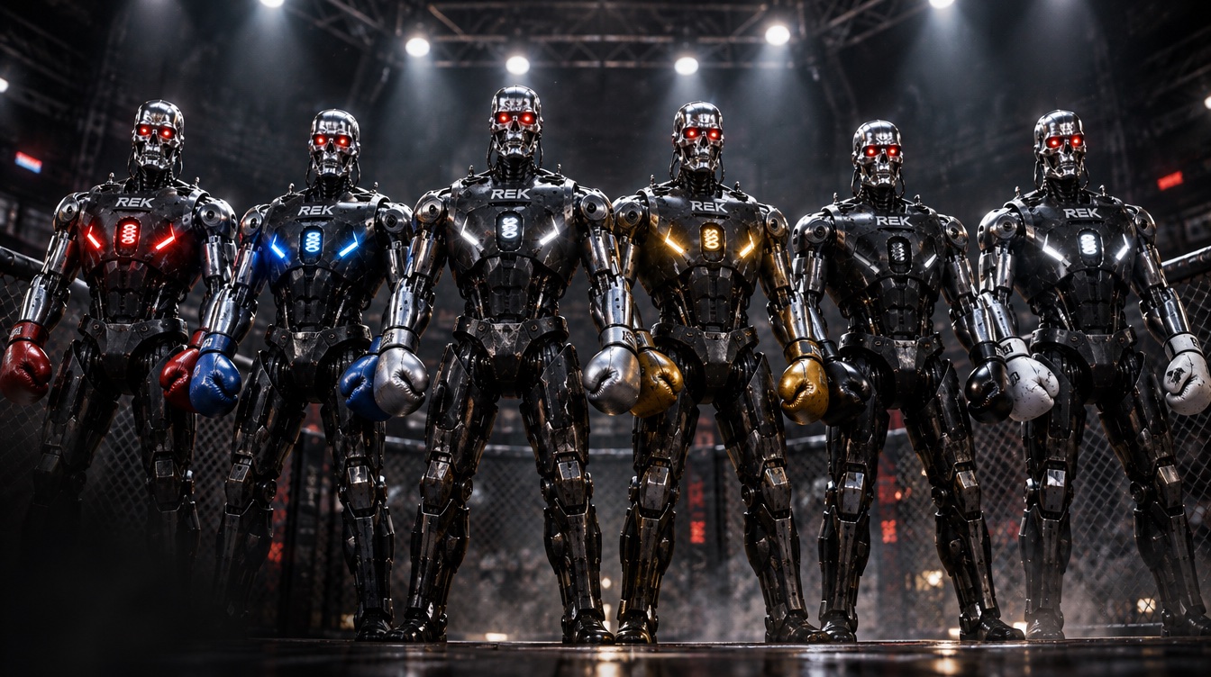 Six humanoid fighting robots lined up under stage lights